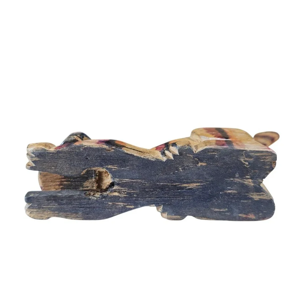 Vintage Guatemala Hand Carved Wood Cat Figurine Folk Art Painted Striped Wooden - Picture 6 of 10